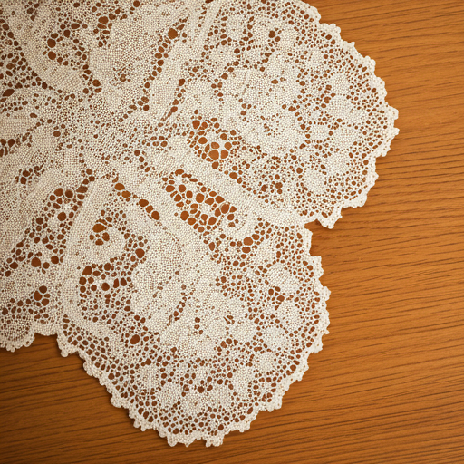 Detalhe de crochê rendado em cor creme sobre mesa de madeira