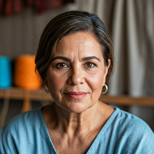 Retrato da Andréia em seu ateliê artesanal, com fios e tecidos ao fundo