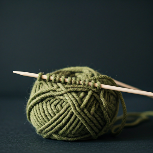 Agulhas de tricô com lã verde-oliva grossa e iluminação suave