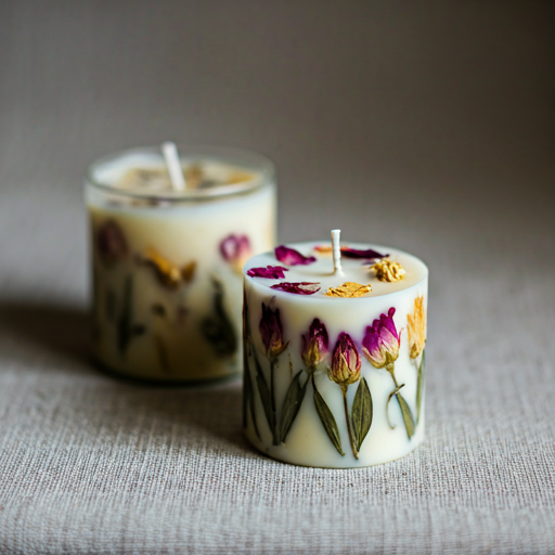 Velas artesanais com flores secas na cera sobre superfície de linho rústico